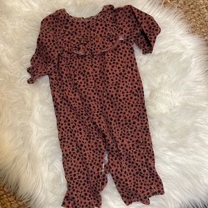 Brown and black leopard long sleeve with ruffle outfit, soft 6-12 months